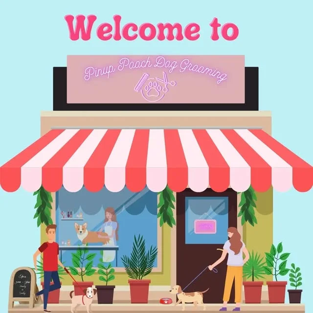Illustration of the Pinup Pooch storefront on Johnston St with a red and white striped awning