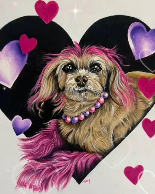 Custom pop-art pet portraits on the salon walls